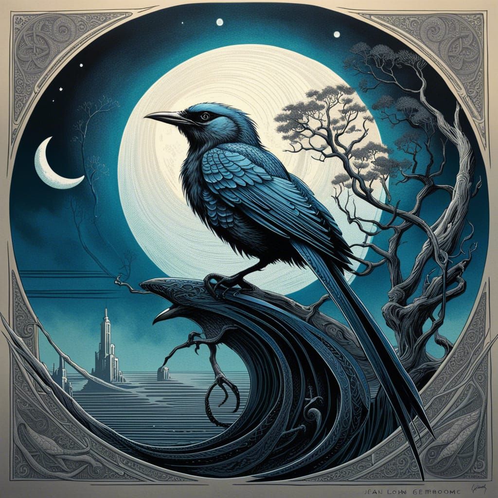 Monochromatic Bird with Moon, Gothic Art Style