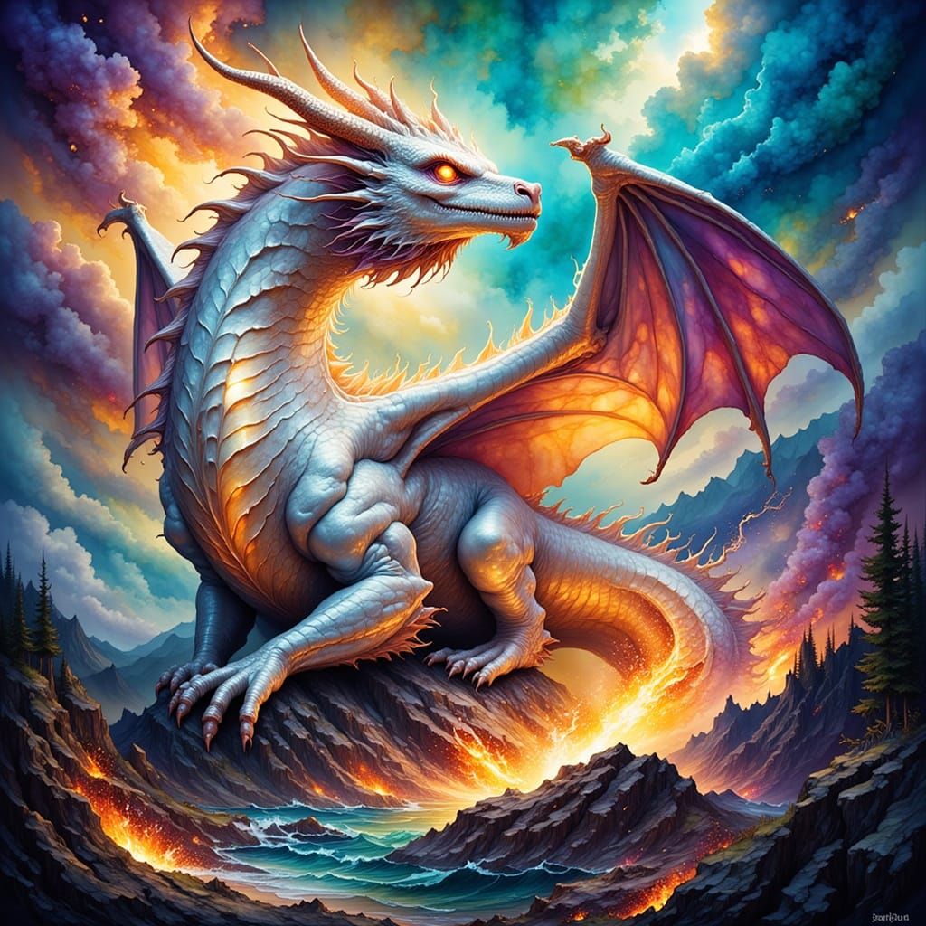 White Dragon Emerges from Multicolored Lava Volcano