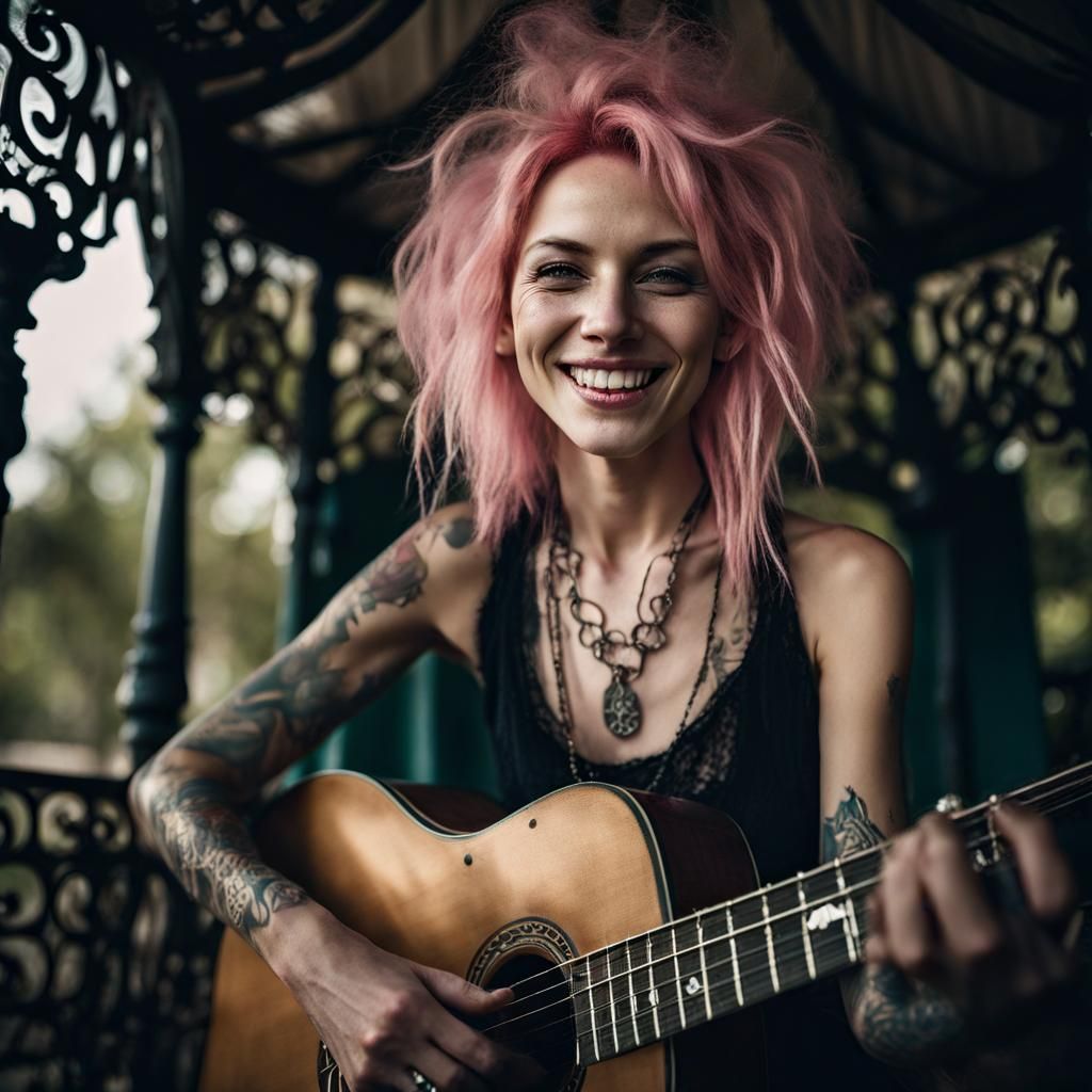 Pink-Haired Guitarist Portrait in Alessio Albi Style