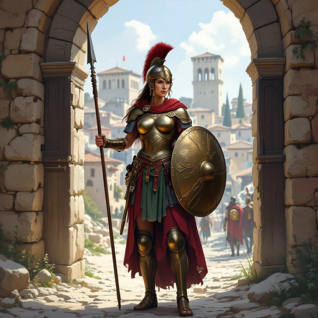 Byzantine Soldier Guarding Ancient City Entrance