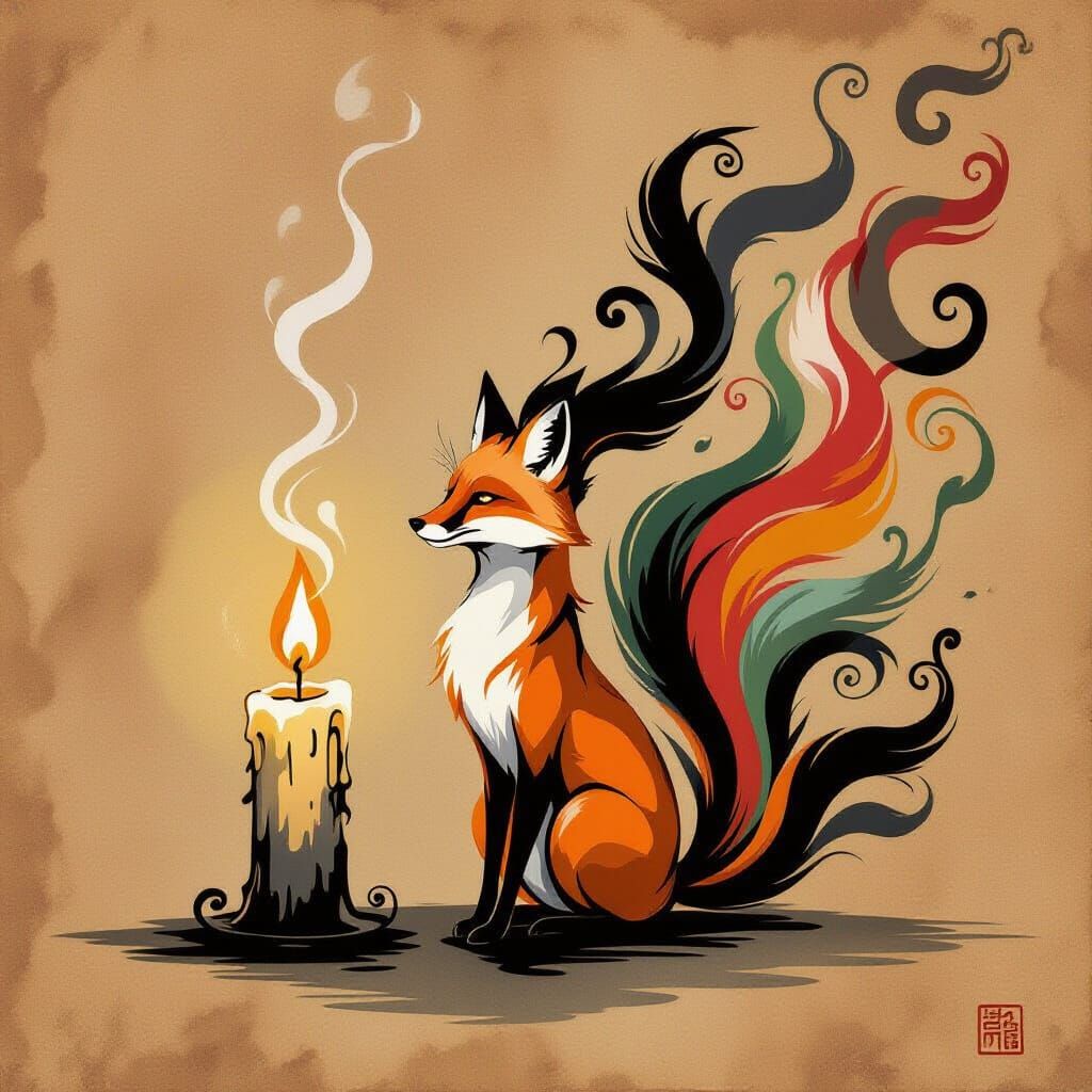 Feminine Fox Rises From Candle Wick in Ink Wash Style