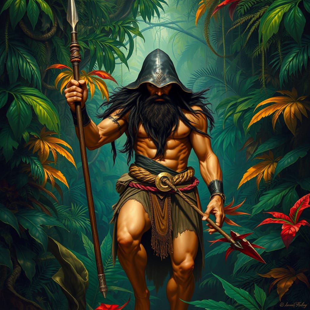 Fantasy Warrior Emerges from the Jungle in a Vibrant, Frazet...