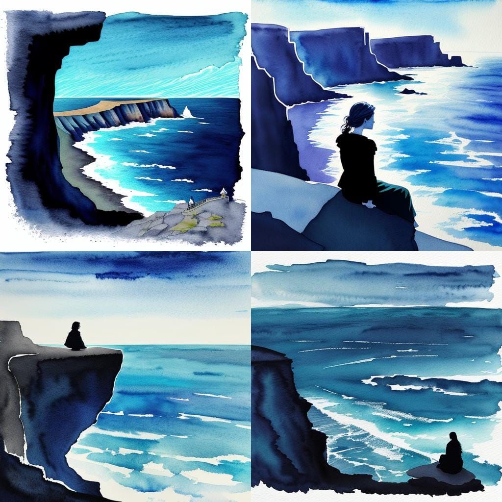 Indigo Ocean: Woman Waits, Selective Coloring Watercolor