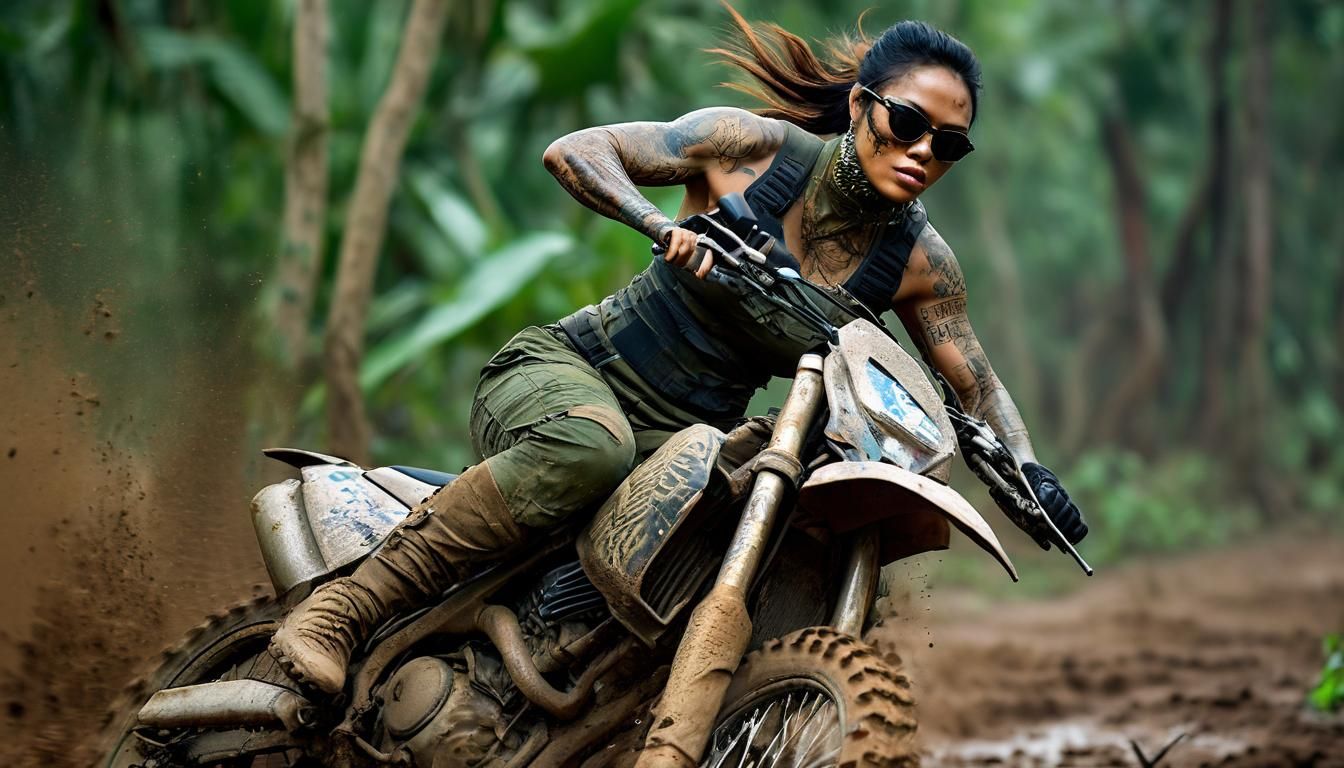 Cambodian Warrior on Motocross Bike in Jungle