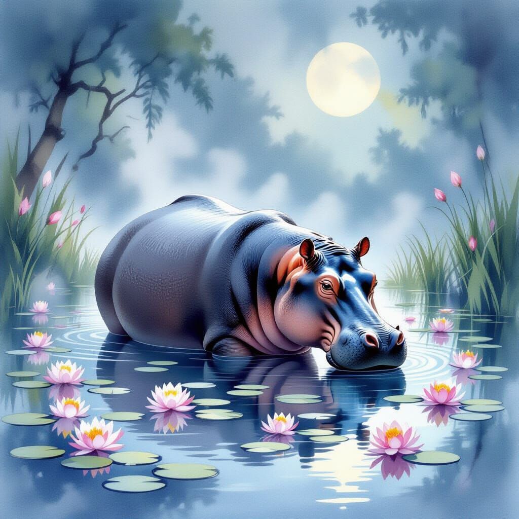 Serene Hippo in Misty Pond Watercolor Art