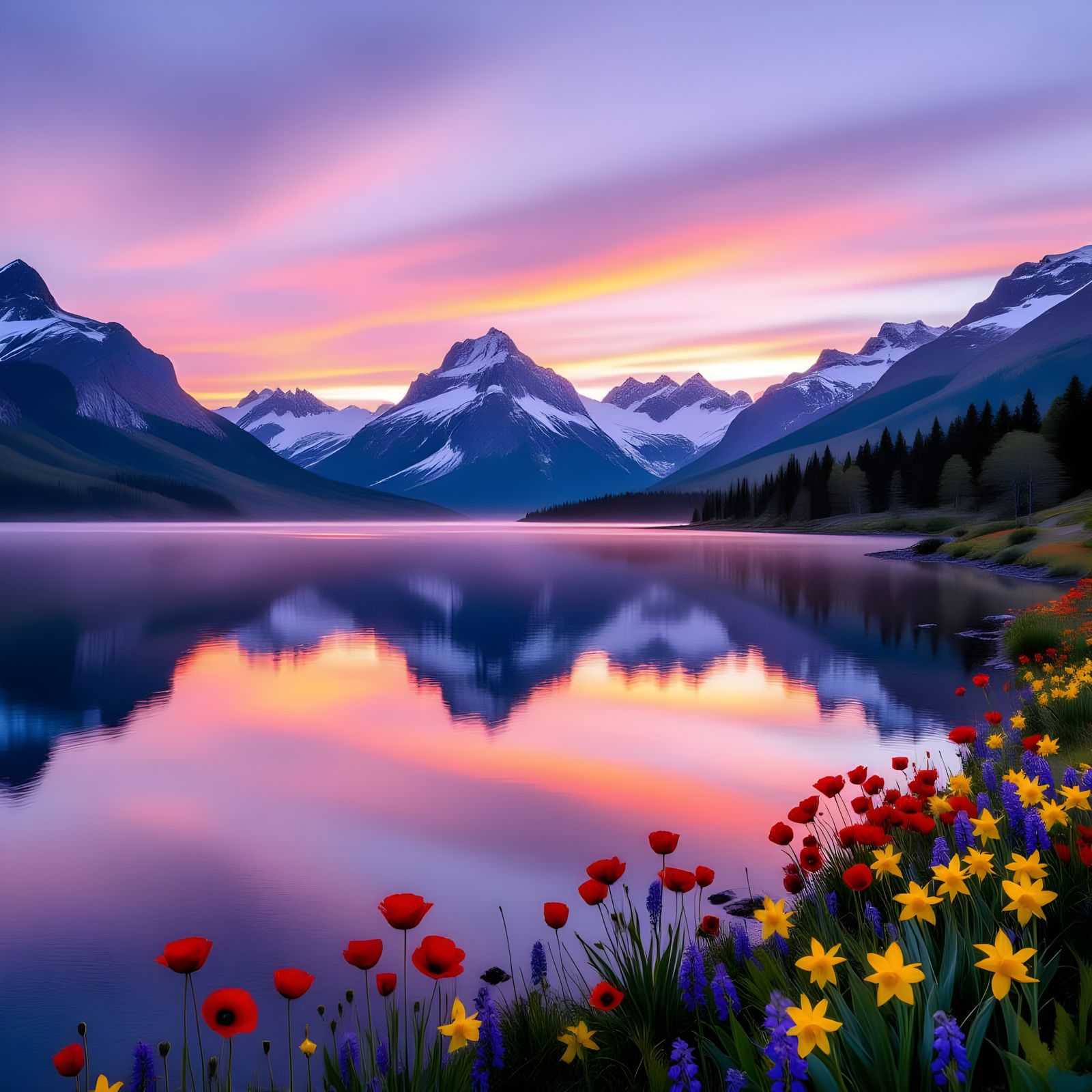 Serene Mountain Lake Reflects Vibrant Sunset