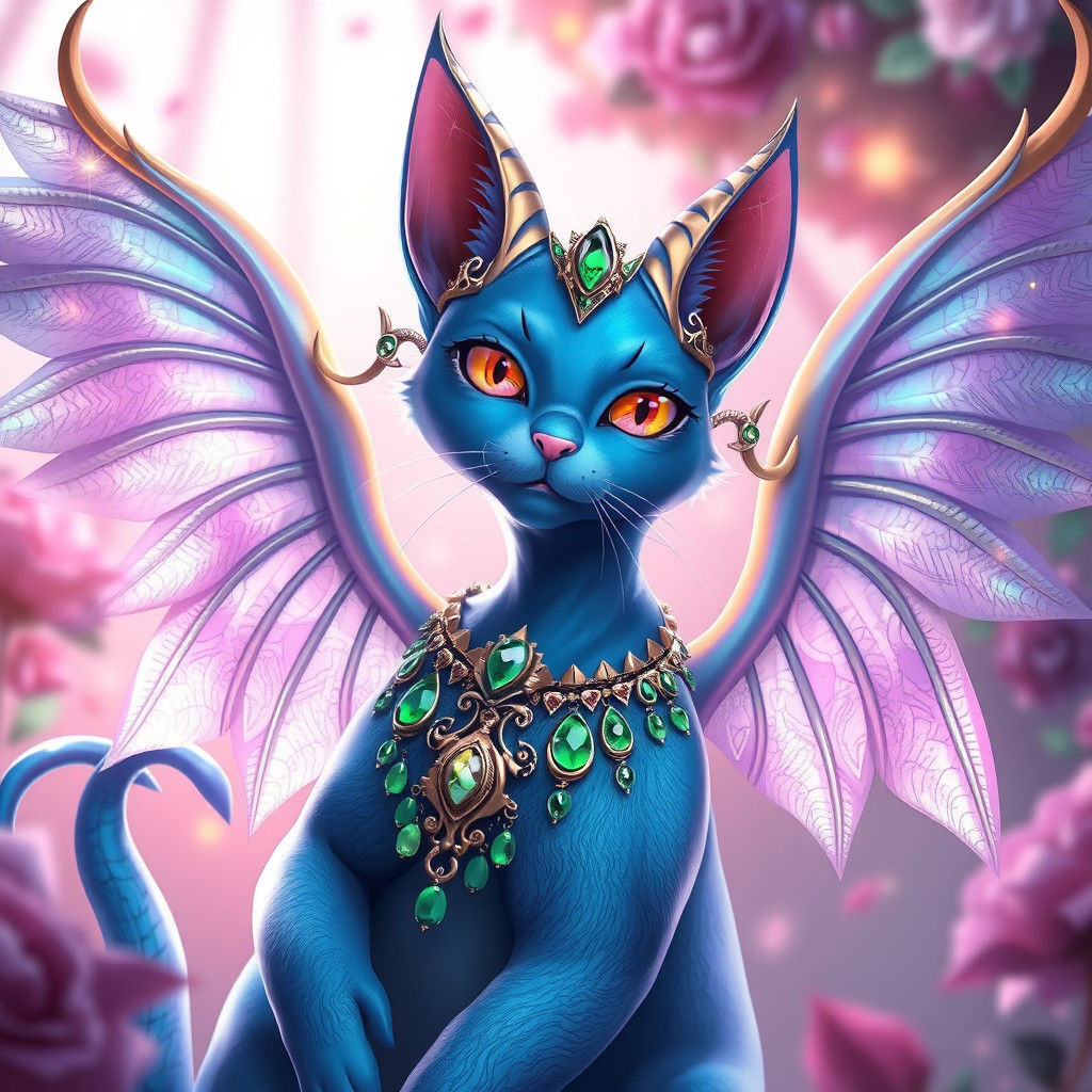 Blue Winged Cat with Green Jewelry in Anime Style