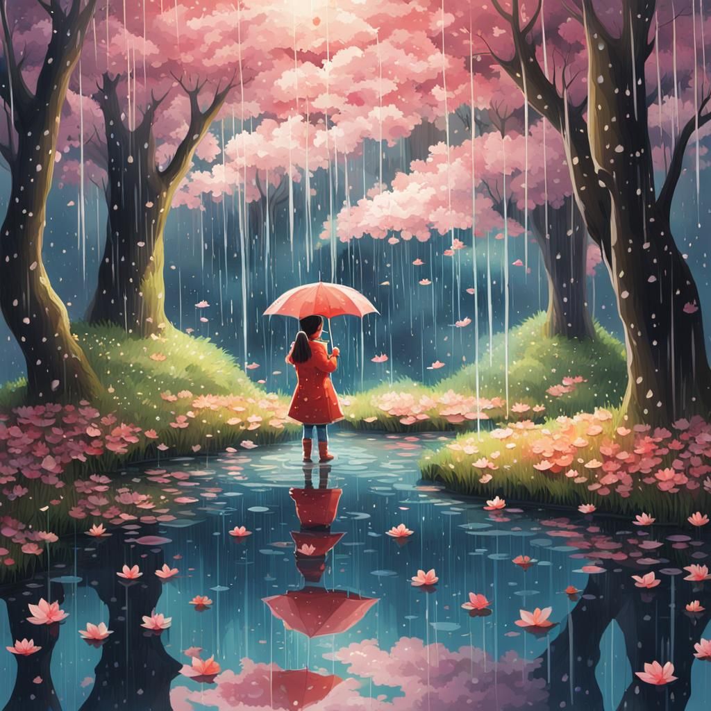 Rainy Forest Pond with Girl and Blossoms