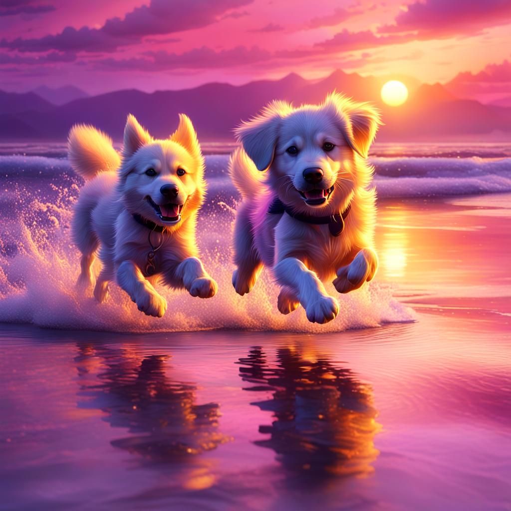 Puppies Playing at Sunset: Hyperdetailed Digital Art