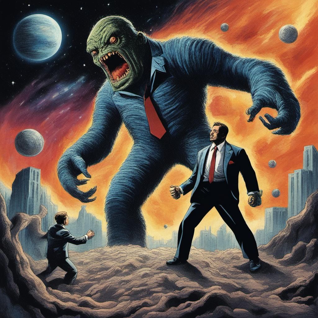 Cosmic Being in Suit Battles Universal Monster