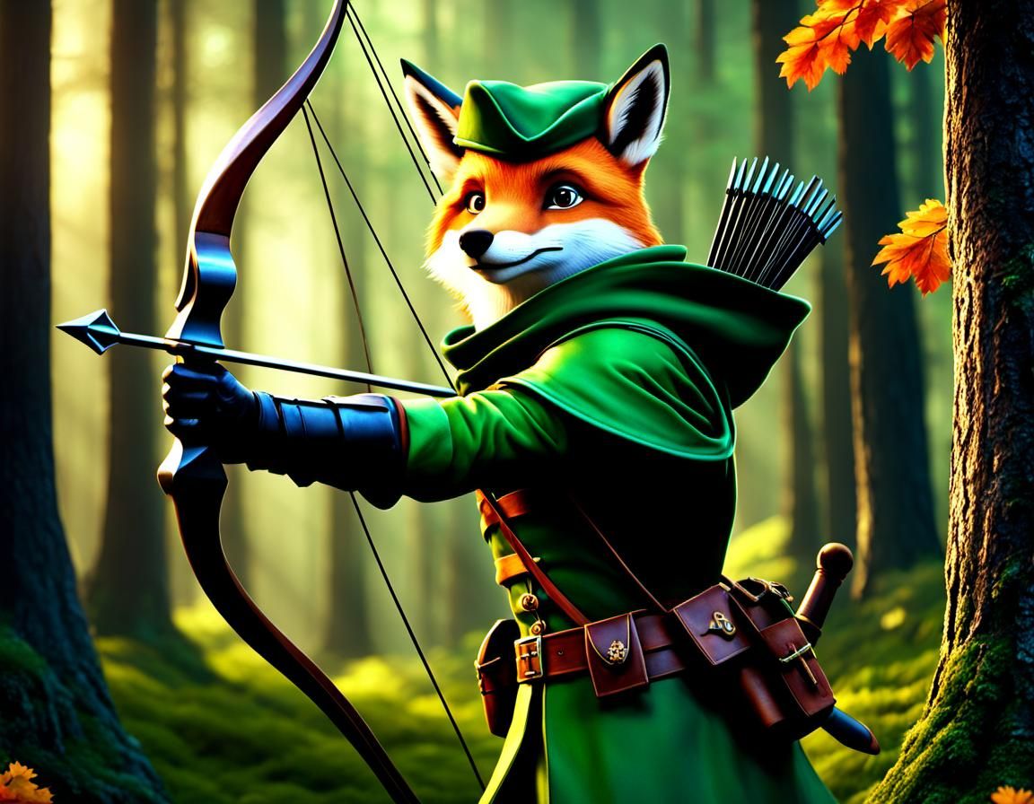 Fox Robin Hood Archer in Forest: 8K Artstation Fantasy