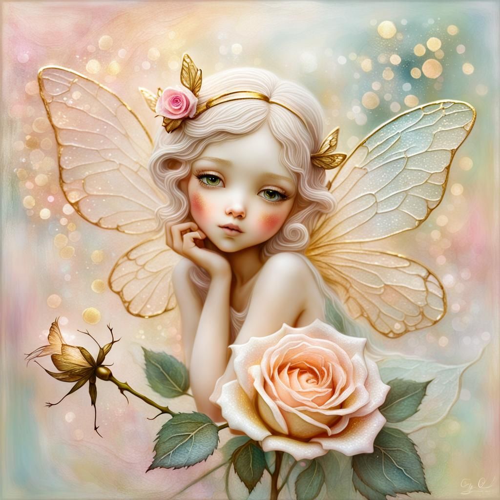 Embossed Fairy Girl on Rose in Pastel Colors