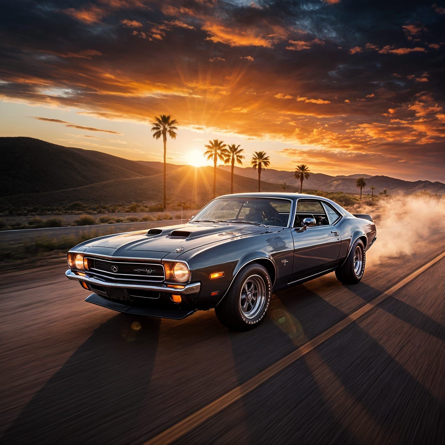 1970s Muscle Car on Open Road at Sunset
