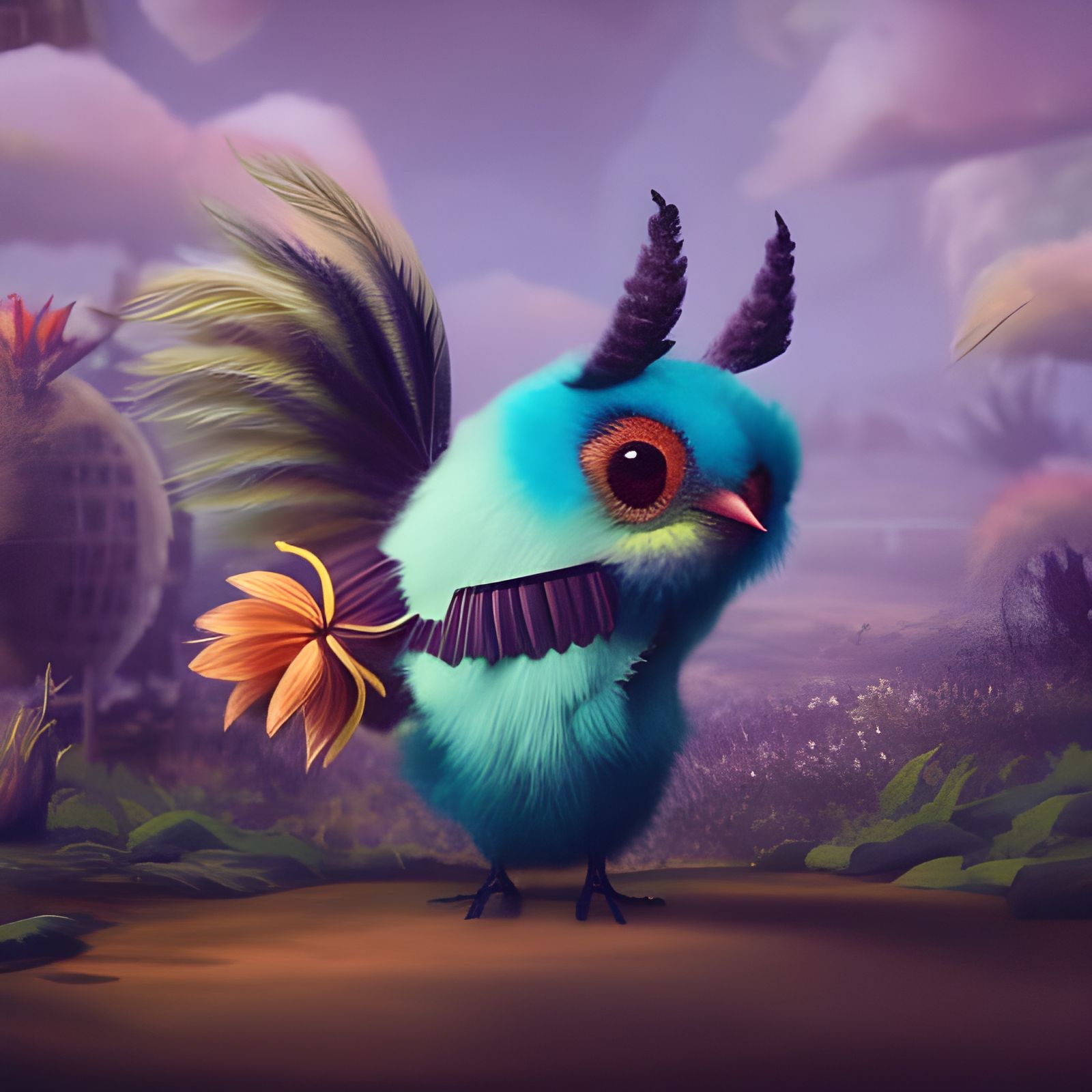 Cute Bird Creature in Flower Field, Digital Art