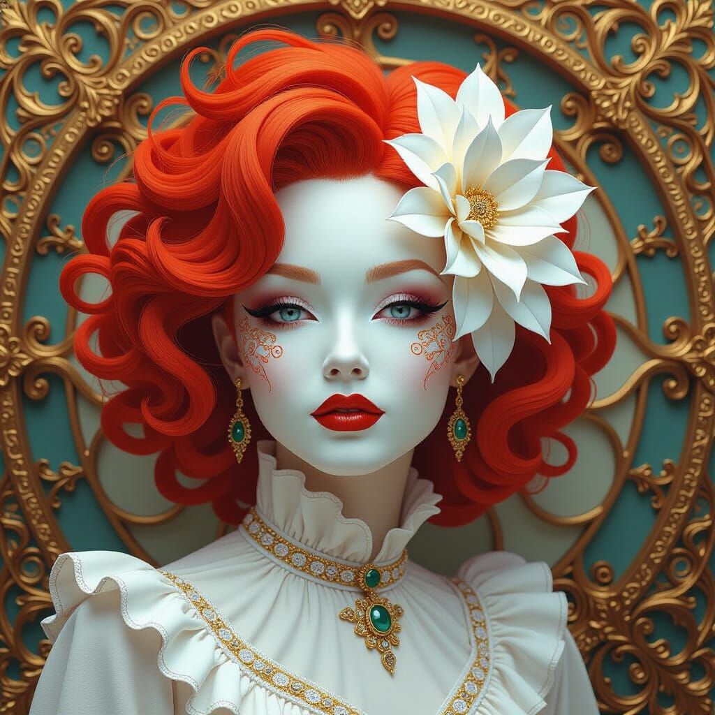 Woman in Porcelain Mask with Fiery Hair, Hyperrealistic Digi...