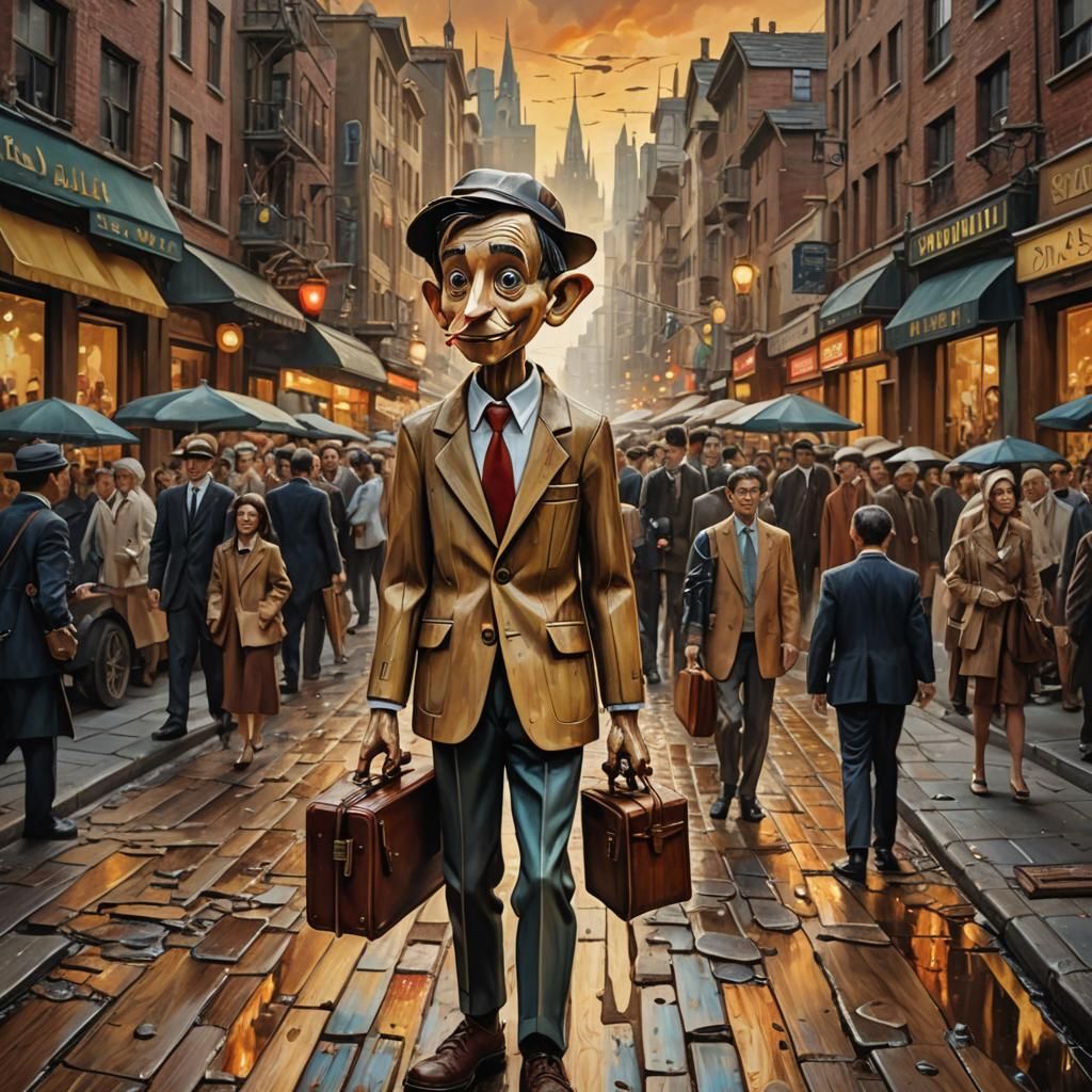 Surreal Pinocchio in the City as Oil Painting
