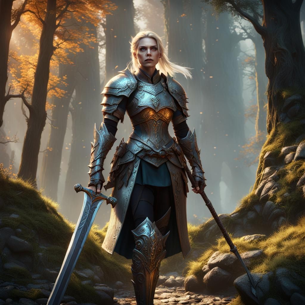 Armored Woman Warrior Confronts Goblins