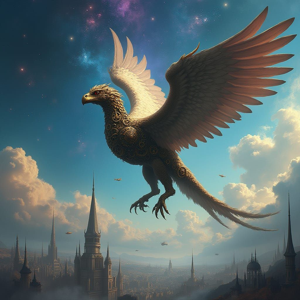 Steampunk Griffin Soars Through Cosmic Cityscape