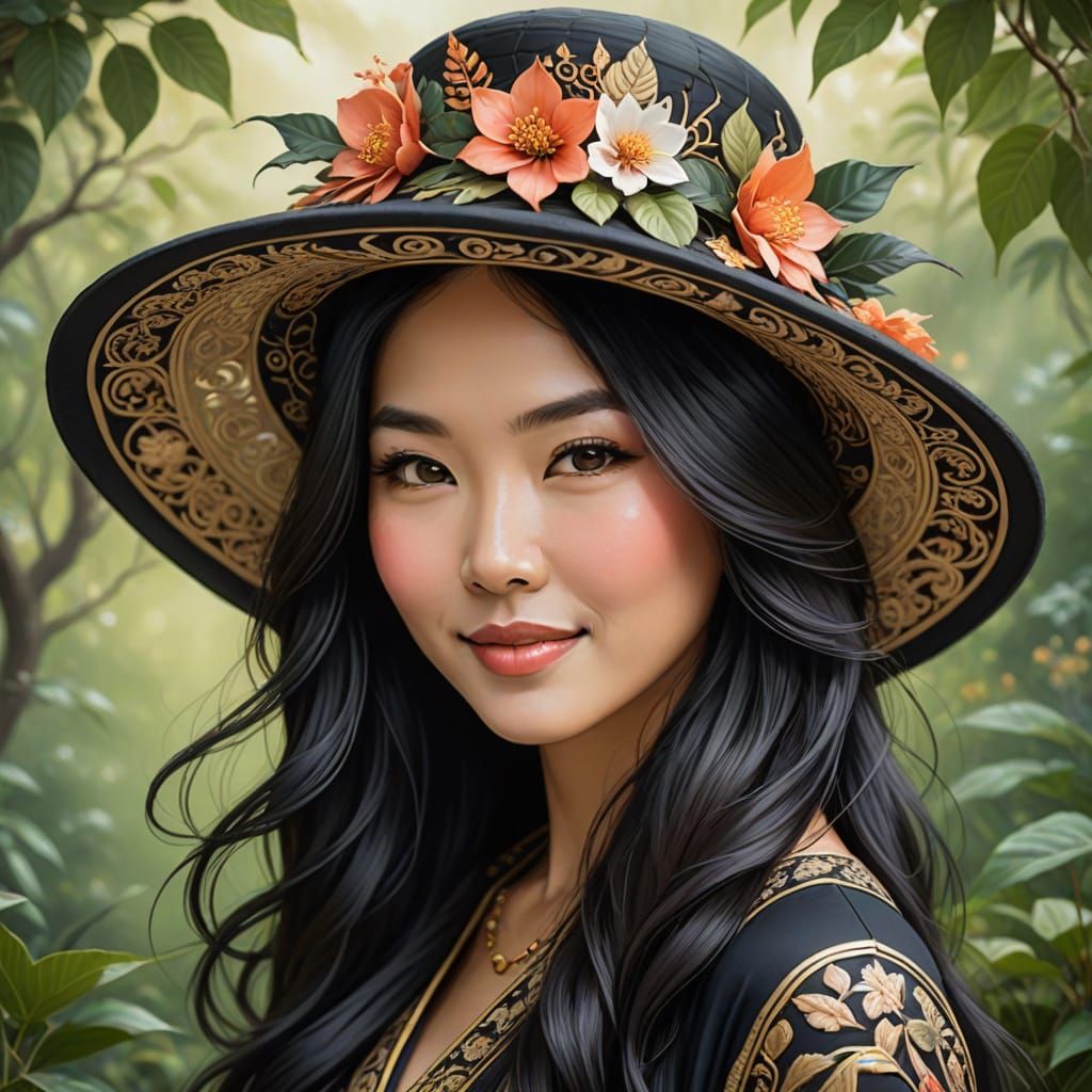 Asian Woman in Elaborate Hat, Nature Background