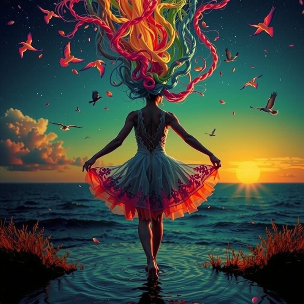 Woman's Transformative Dance: Hyperrealistic Dreamscape