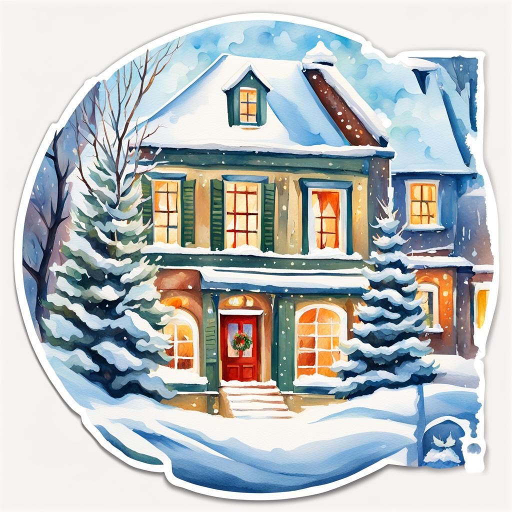 Cozy Winter Christmas Scene in Gouache Style