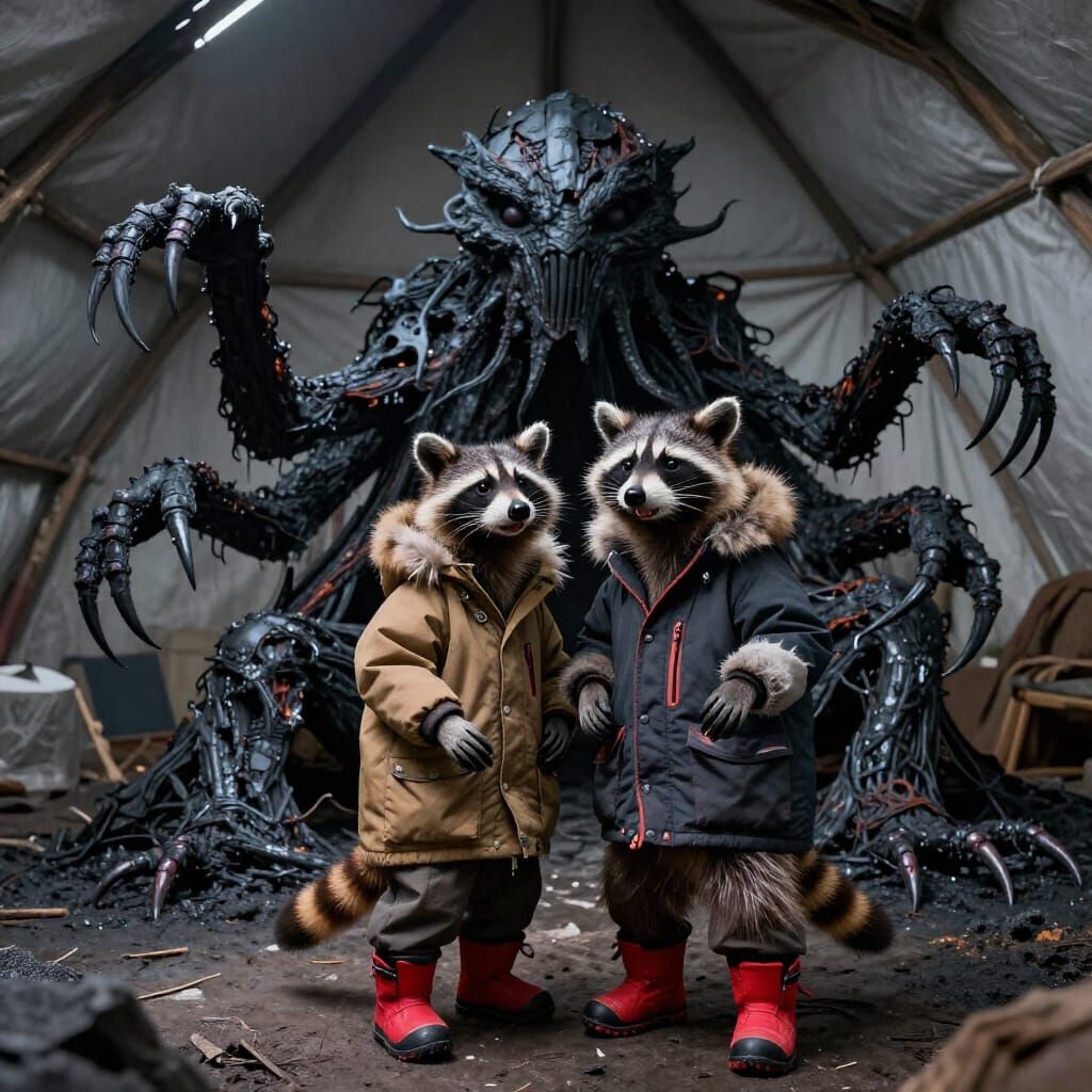 Raccoons Take Selfie with Alien Creature in Antarctic Hut