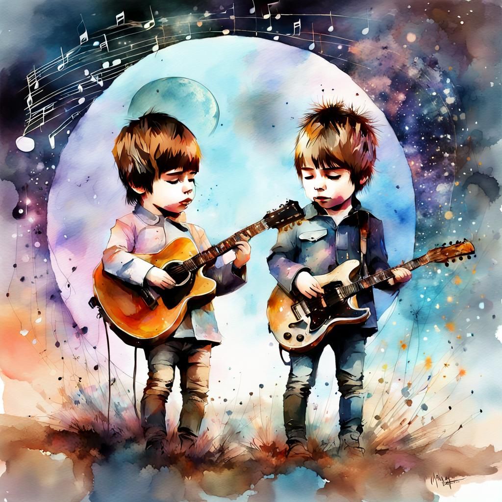 Oasis Chibi Babies in Watercolor Sunset