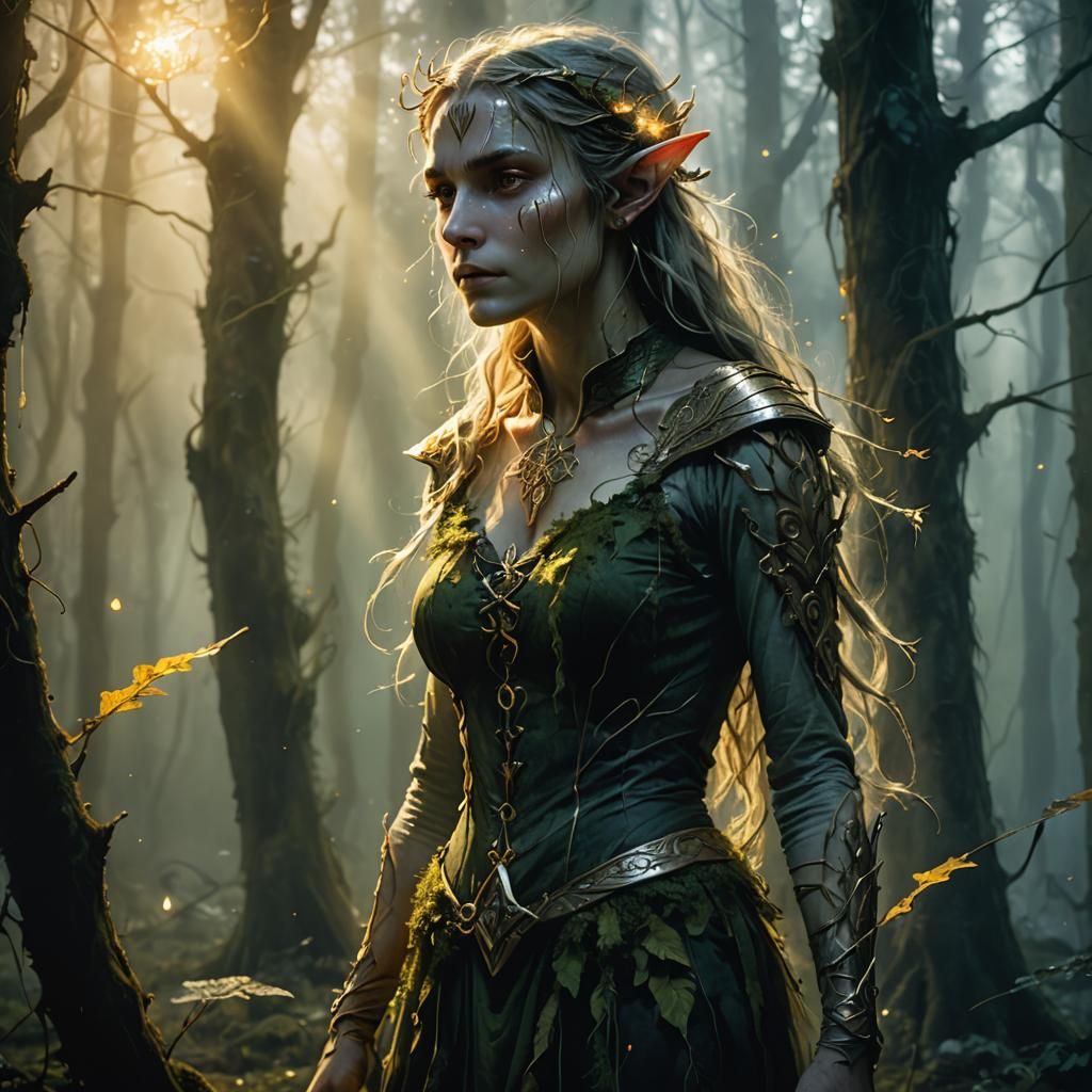 Ethereal Elf in Misty Dark Fantasy Forest