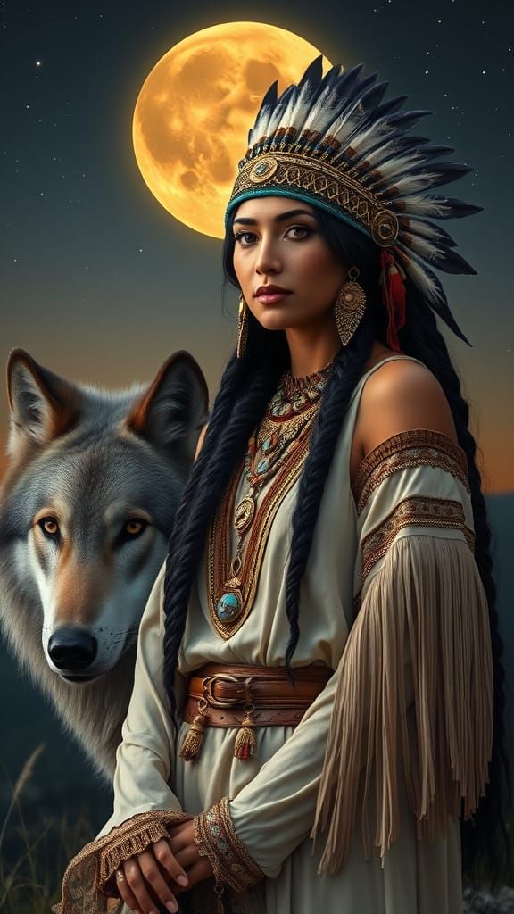 Ethereal Native American Goddess Under Golden Moonlight