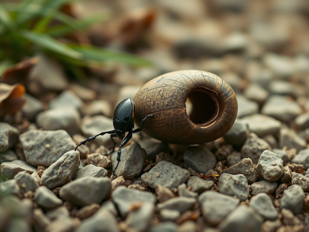 Cinematic Dung Beetle Pushing Wooden Bead