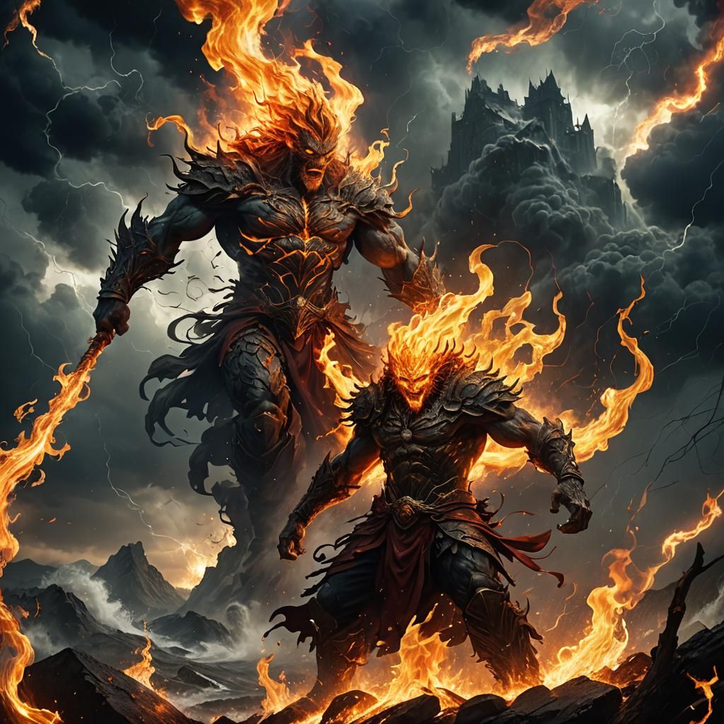 A majestic fire elemental manipulating flames in a dark, sto...