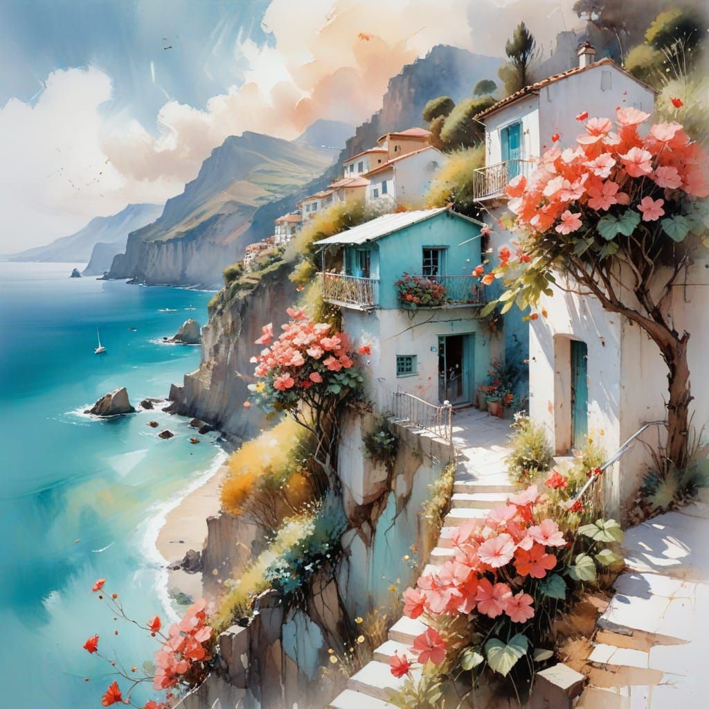 Impressionist Cliffside Village with Turquoise Sea