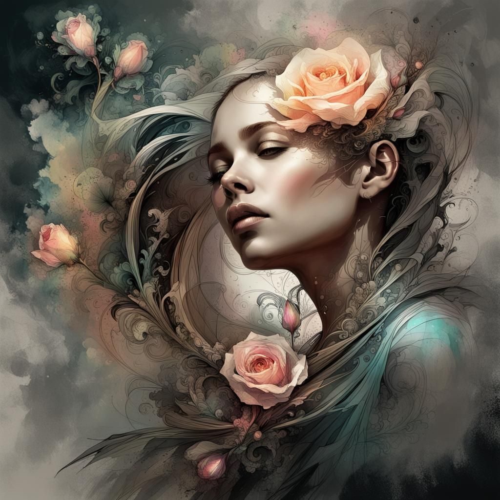 Filigree Fractal Rosebud in Pastel Inks