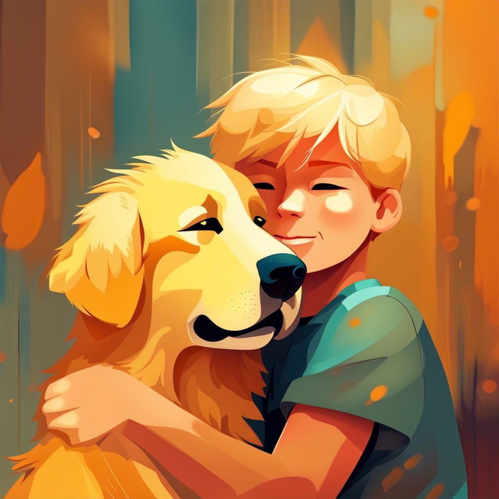 Boy and Golden Retriever Embrace in Abstract Art