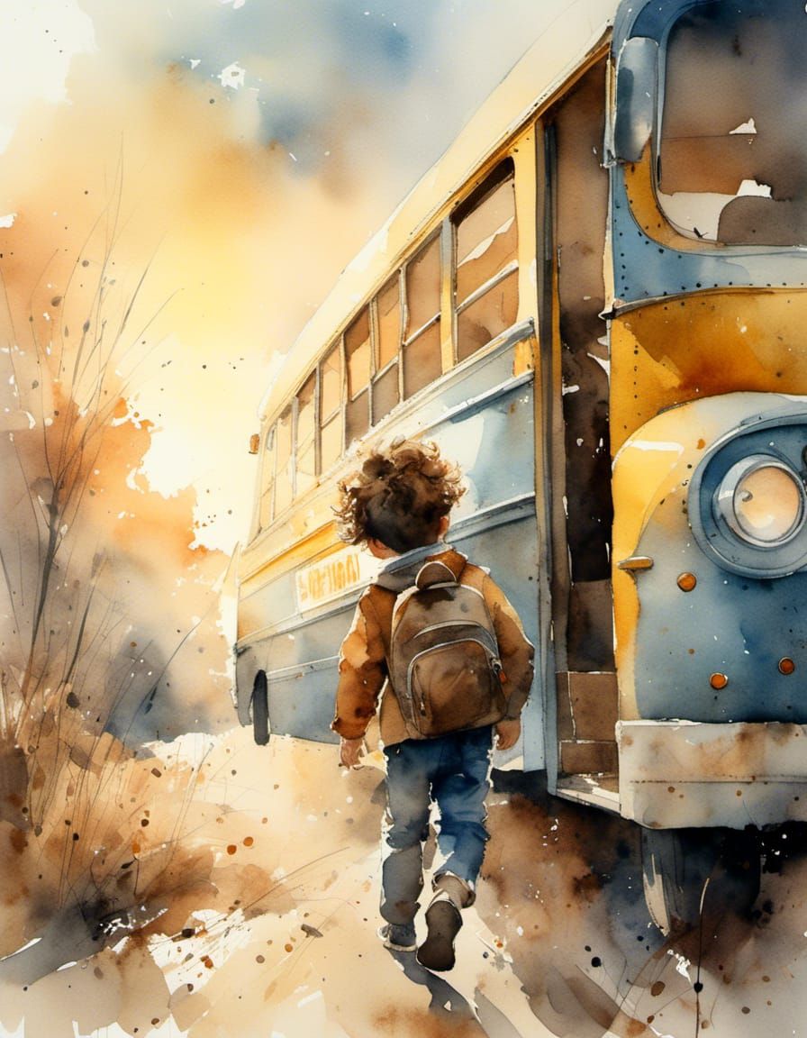Watercolor: Boy Boarding School Bus at Sunrise