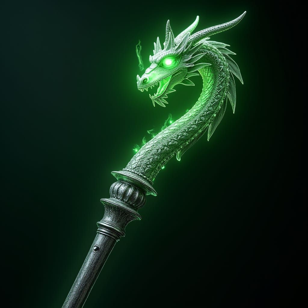 Ethereal Silver Whip with Glowing Green Dragon Eye