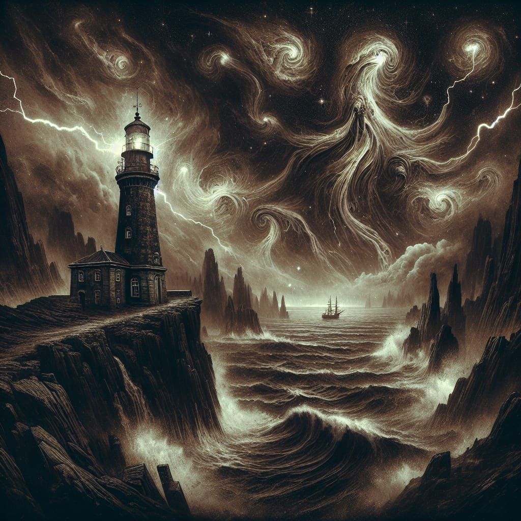 Lighthouse on Obsidian Cliffs in Art Nouveau Dark Fantasy St...