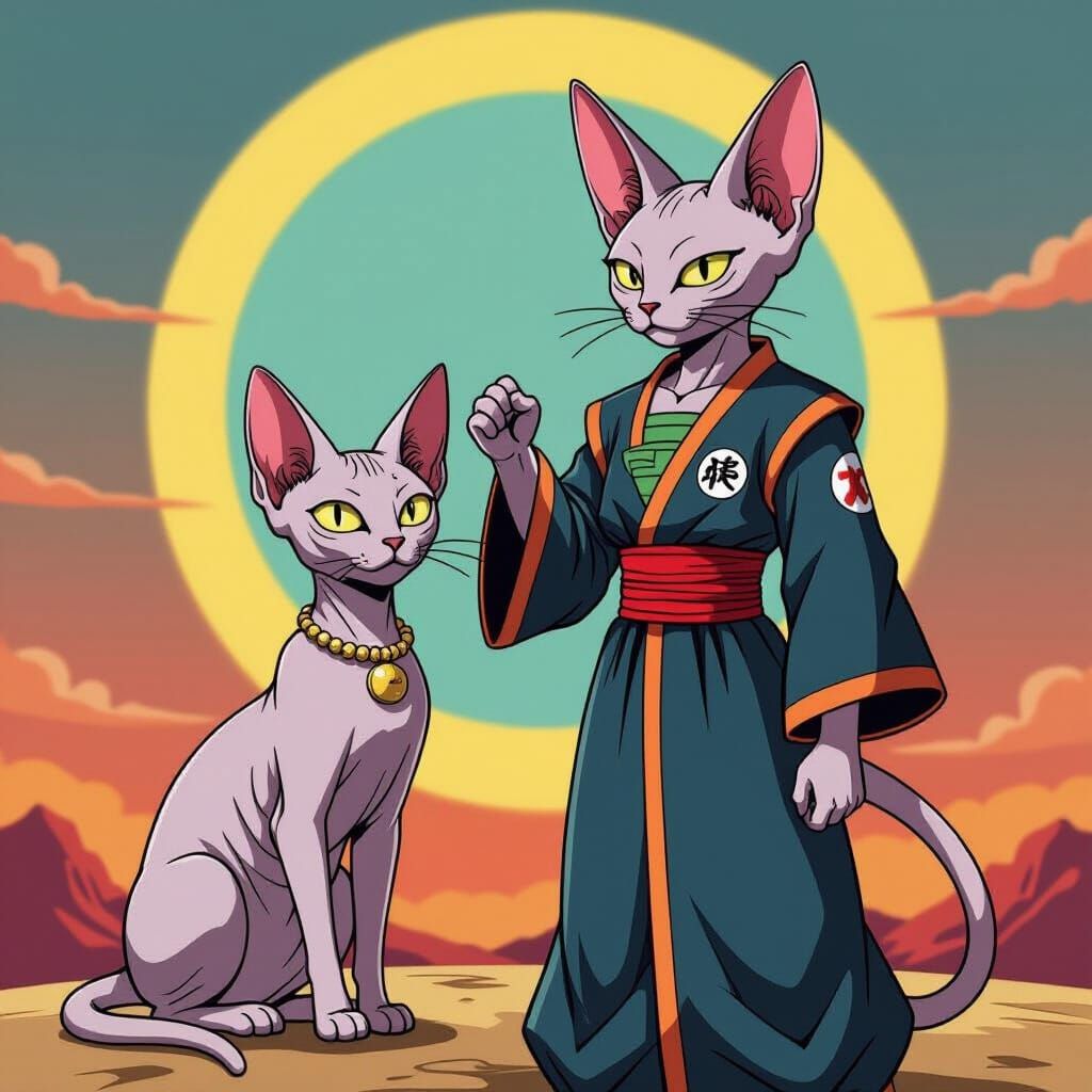 Beerus and Sphynx Cat in Studio Trigger Manga Style
