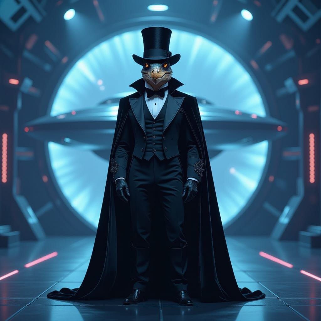 Velociraptor in ornate magician attire