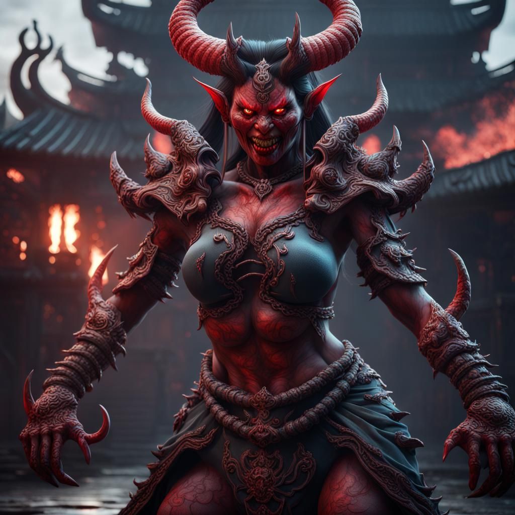 Demonic Female Oni in Detailed Matte Painting