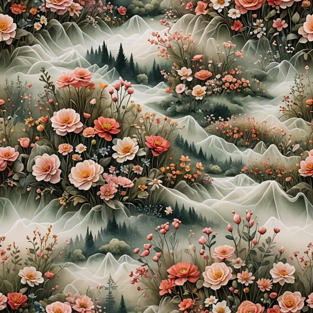 Hyperdetailed Tulle Landscape with Flowers