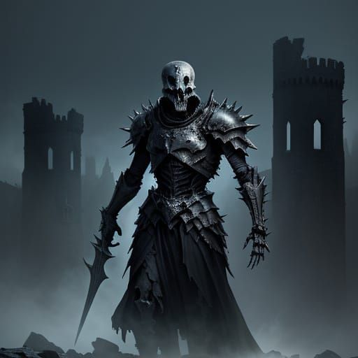 Skeletal Warrior in Spiky Armor on Ruined Castle