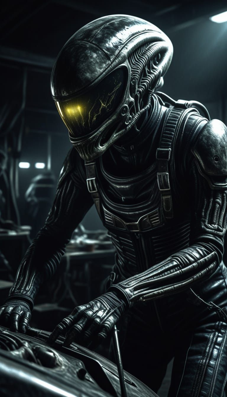 Surrealist Oil Painting of a Racer in Auto Workshop