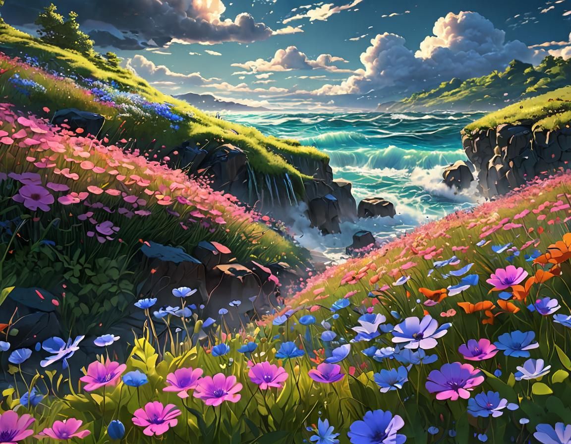 Neon Fantasy Ocean Storm in Anime Style