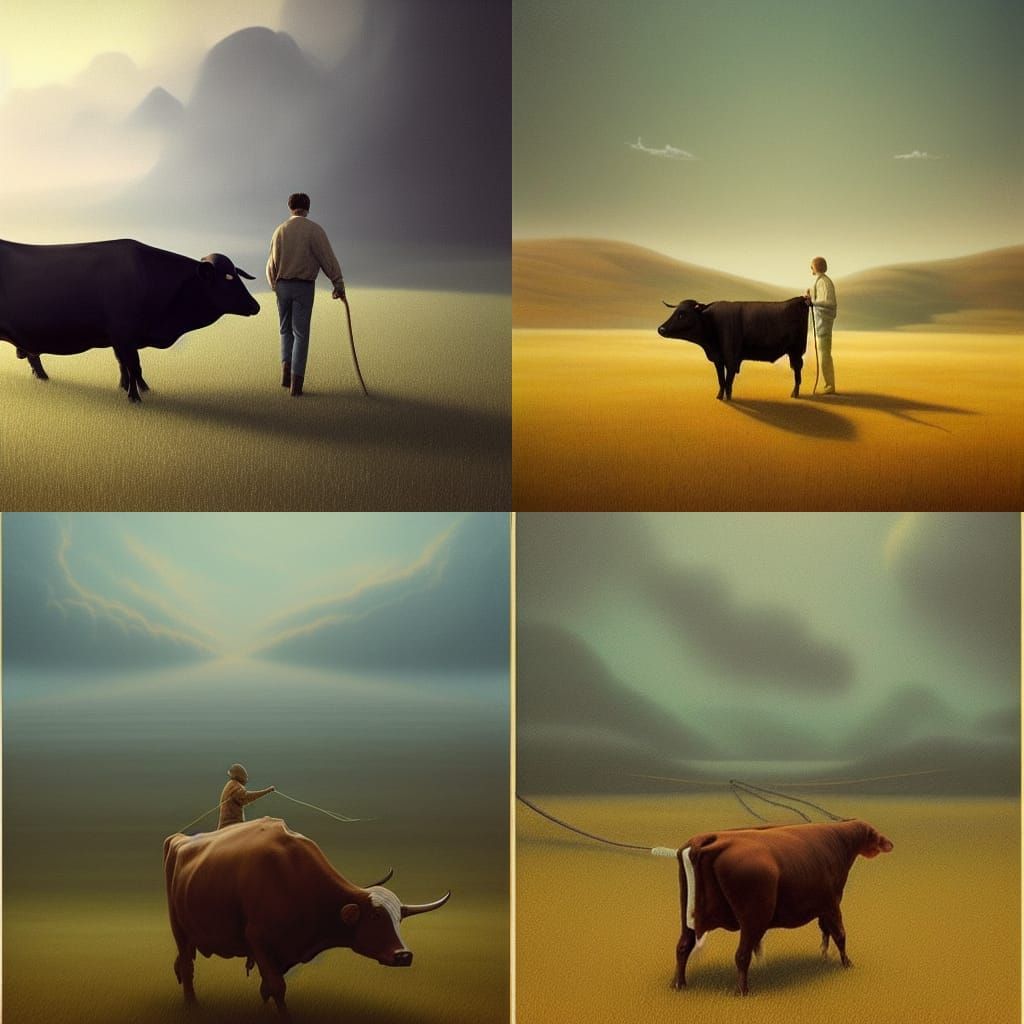 Man Walks Cow in Peaceful Pasture: SF Artwork