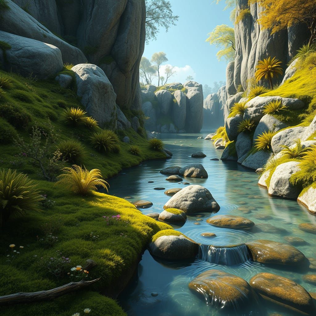 Lush Creek Oasis in Vibrant Landscape with Moss-Covered Gian...