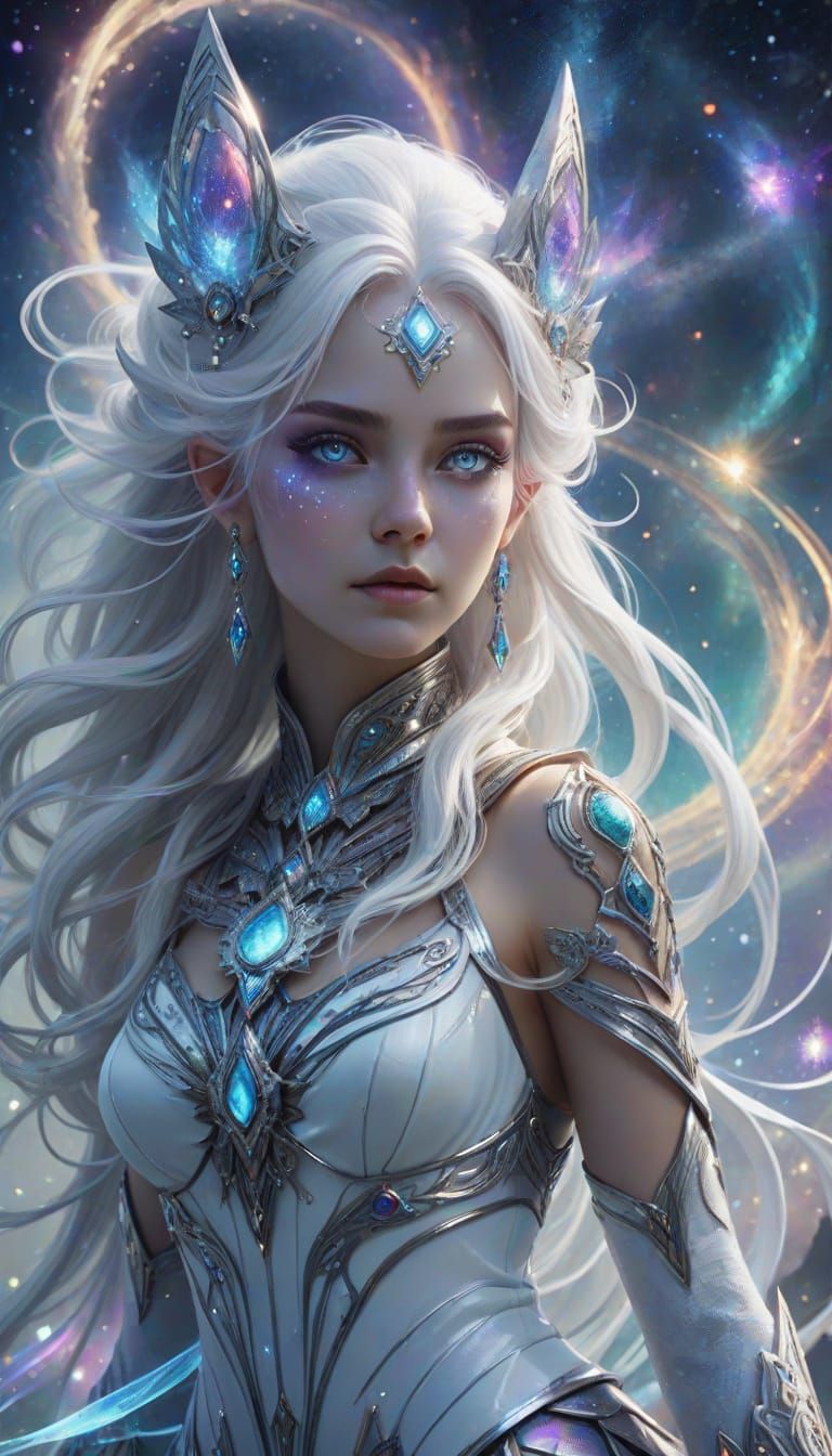 Cosmic Heroine with Ethereal Aura and Starlight