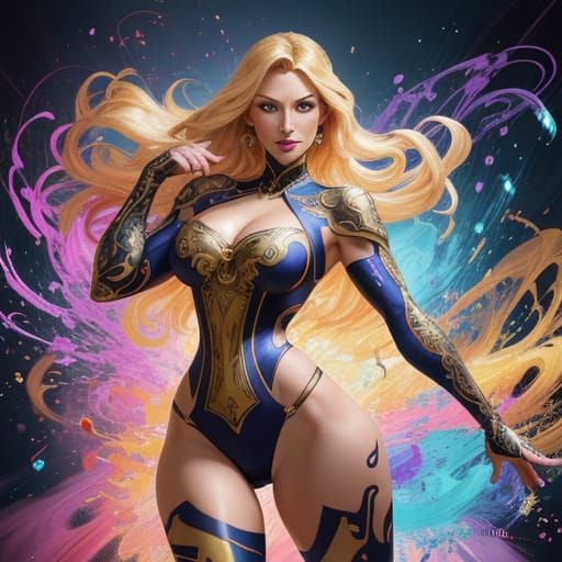 Blonde Pin-Up Woman With Vibrant Aura in Dynamic Pose