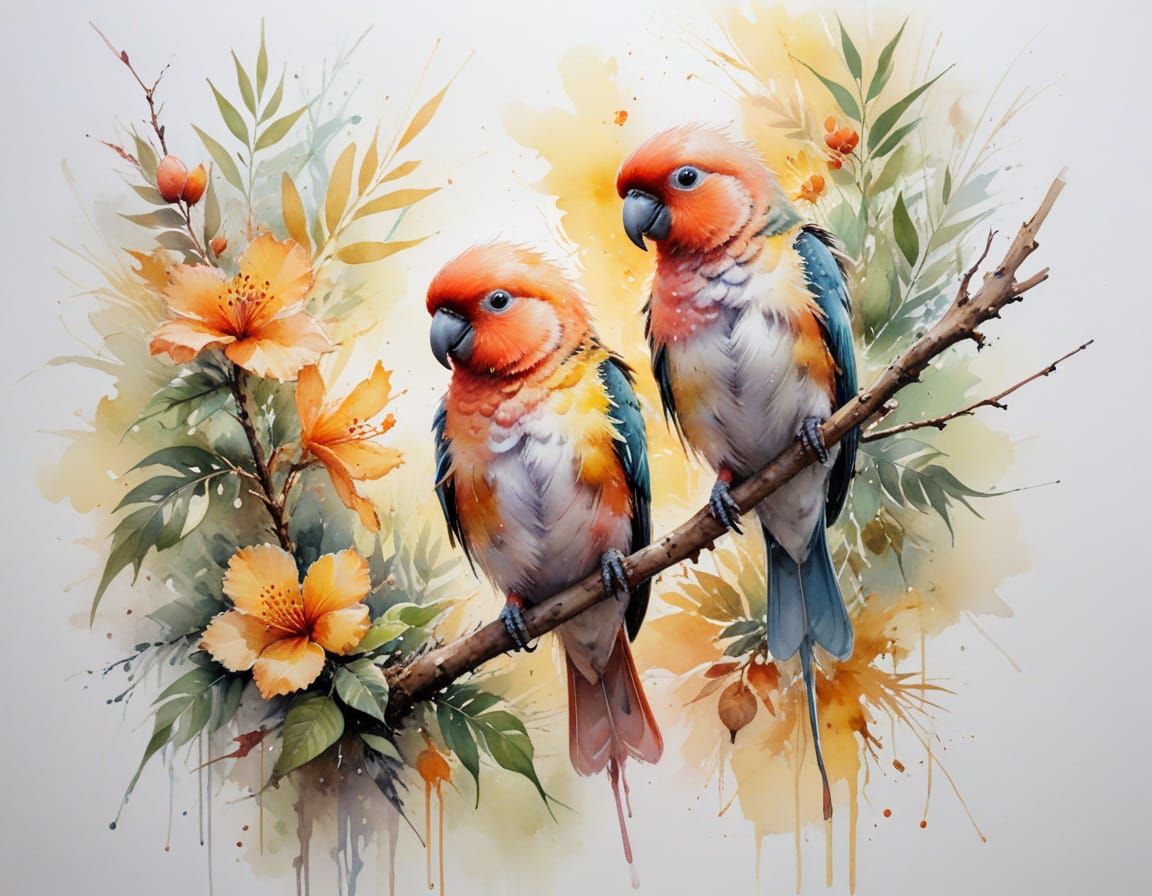 Colourful Lovebirds on Sunlit Branch in Watercolour Style