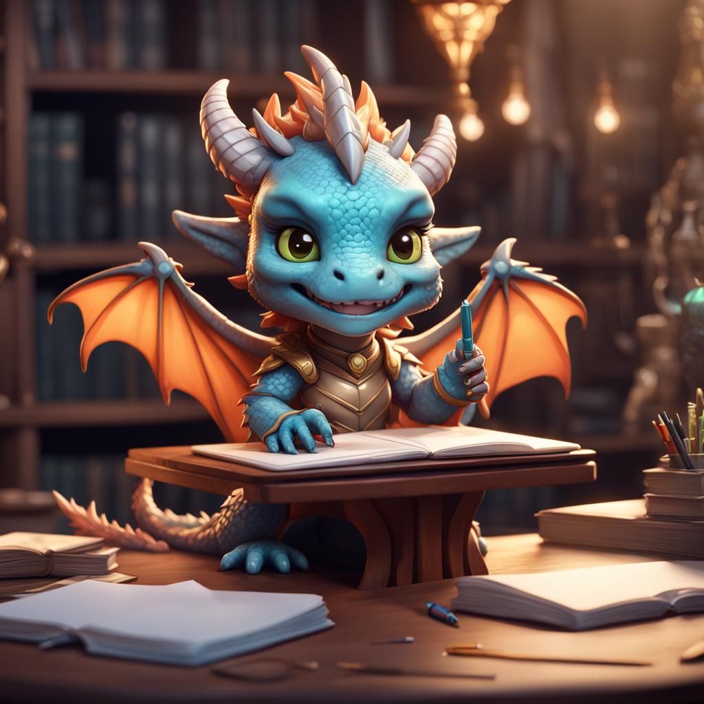 Chibi Dragon Writing a Novel, Fantasy Concept Art